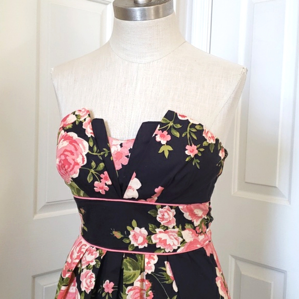 Vintage 90's Strapless Black Coral Pink Floral Dress Romantic Cottagecore | XS - Picture 5 of 12